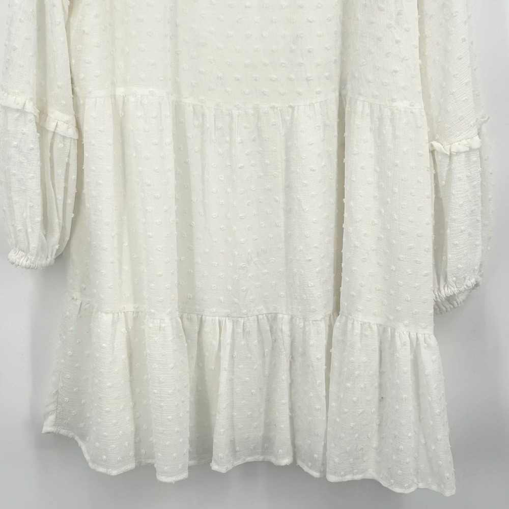 Womens Boho Tiered Mini Dress White Swiss Dot Ruffle Neck XL CeCe - Picture 5 of 10